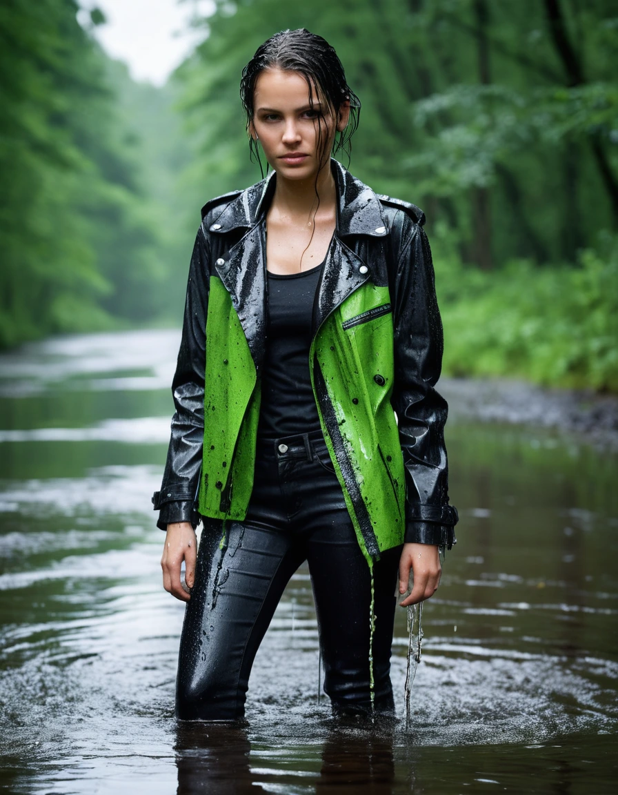 professional photo of young woman, in soaking wet, drenched clothes, wet clothes stuck to body, detailed textures of the wet clothes, wet face, wet plastered hair, wet, drenched, wet skin, damp fabric, wearing a water-drenched neon green oversize t-shirt, black leather jacket, saturated, black trench coat, skin tight black leather jeans, saturated, black leather ankle boots, soaked and glistening, streaming raindrops, fabric transparency, high-contrast water cling, standing in a river in a forest, heavy rain, storm aftermath atmosphere, cinematic lighting, water dripping from hem, sharp focus, photorealistic, ultra-detailed fabric texture, realistic colors, RAW photo, professionally color graded