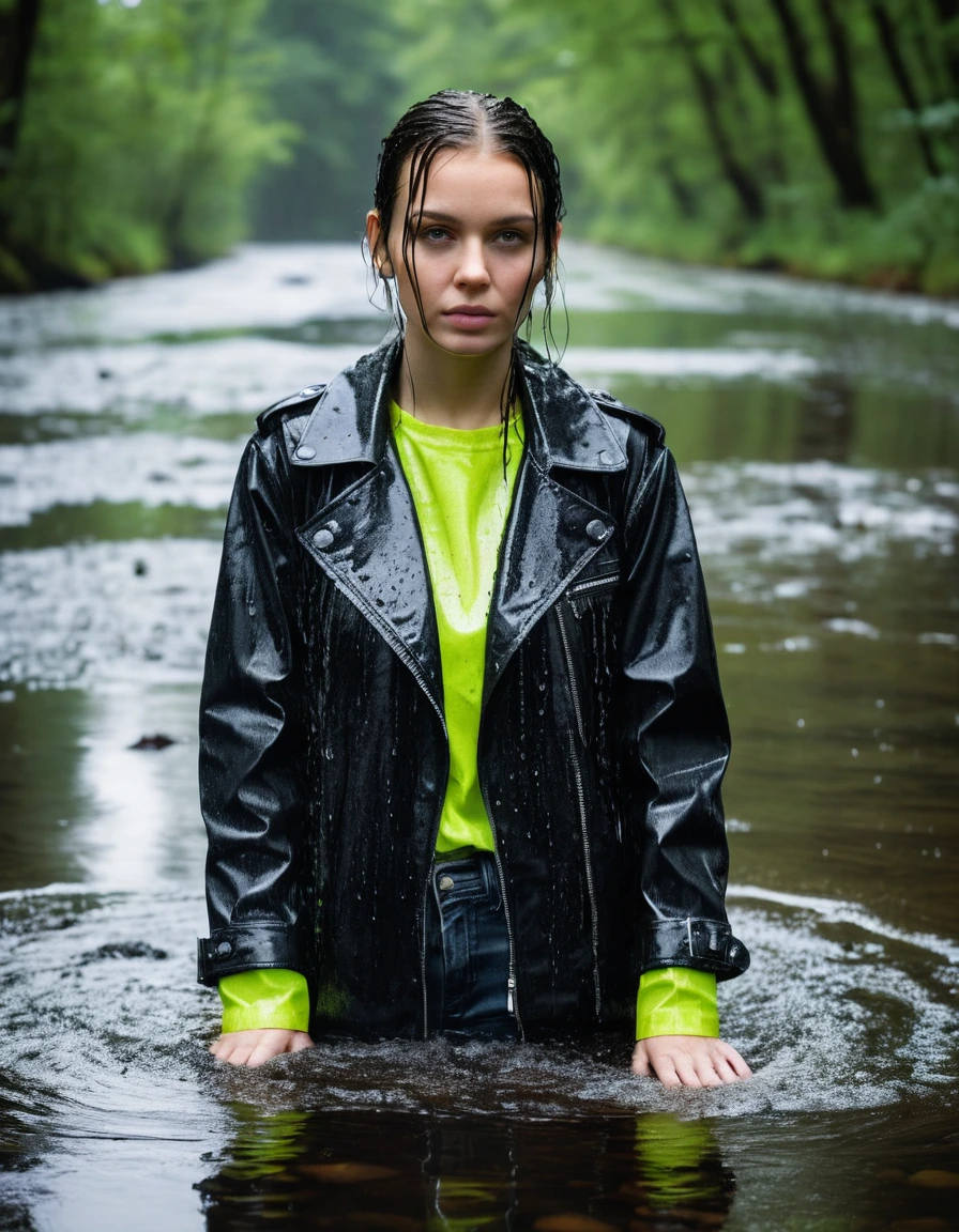 professional photo of young woman, in soaking wet, drenched clothes, wet clothes stuck to body, detailed textures of the wet clothes, wet face, wet plastered hair, wet skin, damp fabric, wearing a water-drenched neon green oversize t-shirt, black leather jacket, saturated, black trench coat, skin tight black leather jeans, saturated, black leather ankle boots, soaked and glistening, lying in a river in a snow covered forest, heavy rain, streaming raindrops, fabric transparency, high-contrast water cling, water dripping from hem, storm aftermath atmosphere, cinematic lighting, close up, sharp focus, photorealistic, ultra-detailed fabric texture, realistic colors, RAW photo, professionally color graded