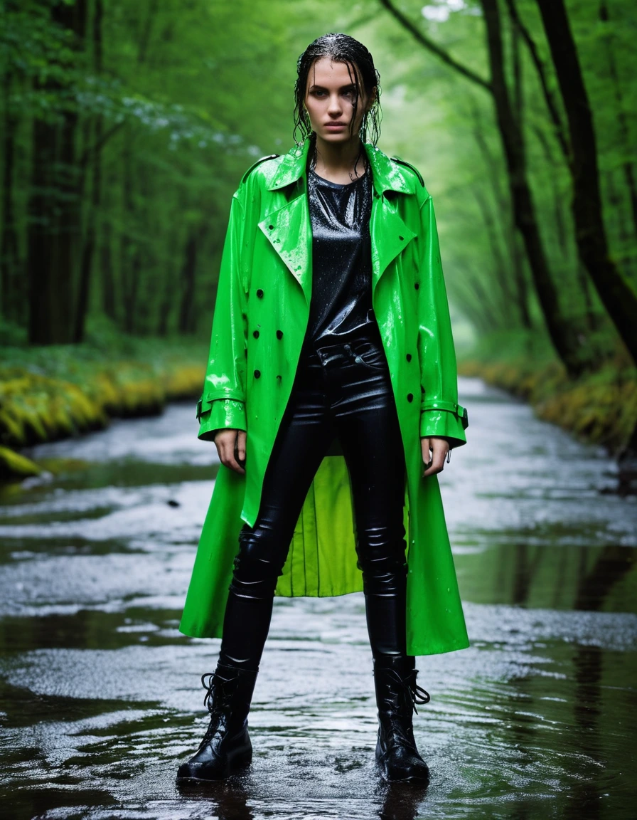 professional photo of young woman, in soaking wet, drenched clothes, wet clothes stuck to body, detailed textures of the wet clothes, wet face, wet plastered hair, wet skin, damp fabric, water-drenched neon green oversize t-shirt, saturated, black leather jacket, saturated, black trench coat, skin tight black leather jeans, saturated, black leather ankle boots, soaked and glistening, fabric transparency, high-contrast water cling, water dripping from hem, streaming raindrops, lying in a river in a snow covered forest, heavy rain, storm aftermath atmosphere, cinematic lighting, close up, sharp focus, photorealistic, ultra-detailed fabric texture, realistic colors, RAW photo, professionally color graded