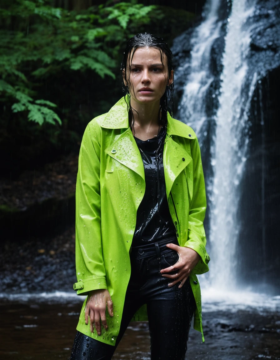 professional photo of young woman, in soaking wet, drenched clothes, wet clothes stuck to body, detailed textures of the wet clothes, wet face, wet plastered hair, wet, drenched, wet skin, damp fabric, streaming raindrops, fabric transparency, high-contrast water cling, water dripping from hem, wearing a water-drenched neon green oversize t-shirt, black leather jacket, saturated, black trench coat, skin tight black leather jeans, saturated, black leather ankle boots, soaked and glistening, standing under a waterfall in a forest, heavy rain, water pouring over the model, cinematic lighting, storm aftermath atmosphere, sharp focus, photorealistic, ultra-detailed fabric texture, realistic colors, RAW photo, professionally color graded
