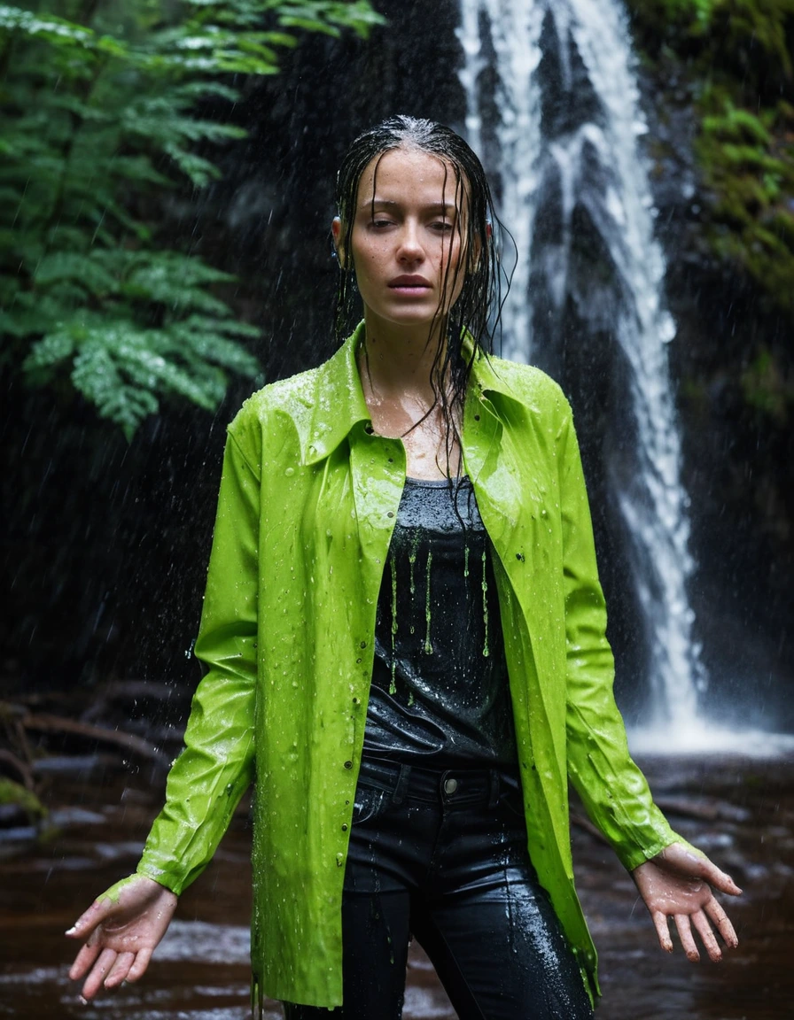 professional photo of young woman, in soaking wet, drenched clothes, wet clothes stuck to body, detailed textures of the wet clothes, wet face, wet plastered hair, wet, drenched, wet skin, damp fabric, streaming raindrops, fabric transparency, high-contrast water cling, water dripping from hem, wearing a water-drenched neon green oversize t-shirt, black leather jacket, saturated, black trench coat, skin tight black leather jeans, saturated, black leather ankle boots, soaked and glistening, standing under a waterfall in a forest, heavy rain, water pouring over the model, storm aftermath atmosphere, cinematic lighting, close up, sharp focus, photorealistic, ultra-detailed fabric texture, realistic colors, RAW photo, professionally color graded