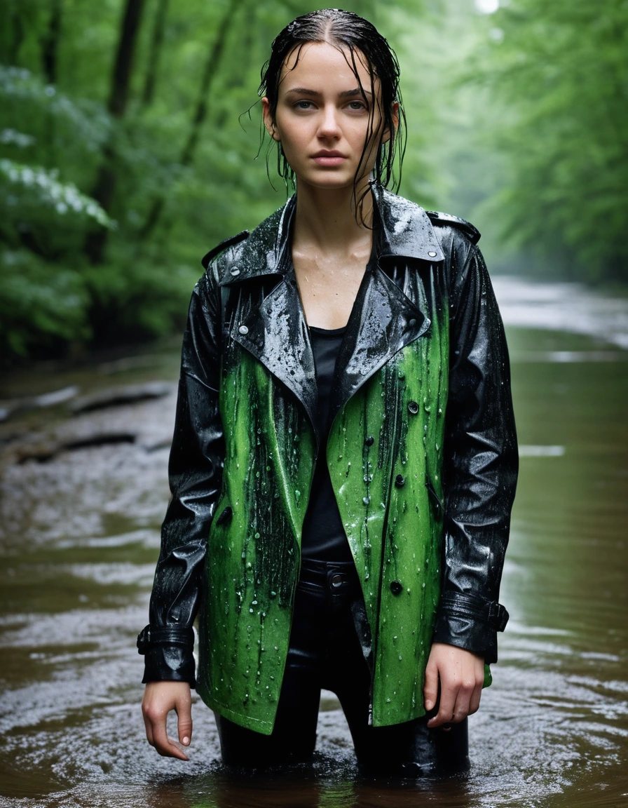 professional photo of young woman, in soaking wet, drenched clothes, wet clothes stuck to body, detailed textures of the wet clothes, wet face, wet plastered hair, wet, drenched, wet skin, damp fabric, wearing a water-drenched neon green oversize t-shirt, black leather jacket, and black trench coat, skin tight black leather jeans, saturated, black leather ankle boots, soaked and glistening, standing in a river in a forest, heavy rain, streaming raindrops, fabric transparency, high-contrast water cling, water dripping from hem, storm aftermath atmosphere, cinematic lighting, sharp focus, photorealistic, ultra-detailed fabric texture, realistic colors, RAW photo, professionally color graded