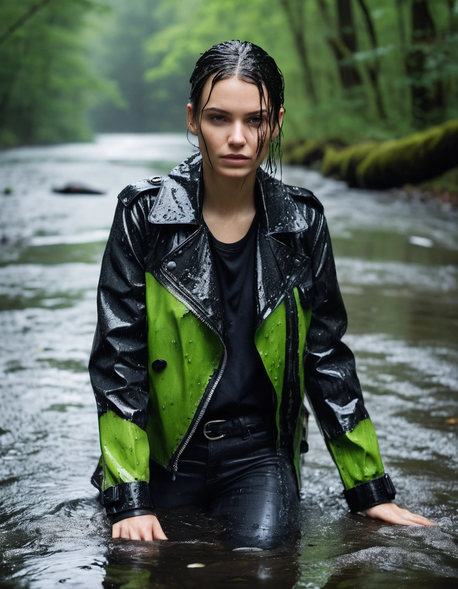 professional photo of young woman, in soaking wet, drenched clothes, wet clothes stuck to body, detailed textures of the wet clothes, wet face, wet plastered hair, wet, drenched, wet skin, damp fabric, wearing a water-drenched neon green oversize t-shirt, black leather jacket, saturated, black trench coat, skin tight black leather jeans, saturated, black leather ankle boots, soaked and glistening, lying in a river in a snow covered forest, heavy rain, streaming raindrops, fabric transparency, high-contrast water cling, water dripping from hem, storm aftermath atmosphere, cinematic lighting, sharp focus, photorealistic, ultra-detailed fabric texture, realistic colors, RAW photo, professionally color graded