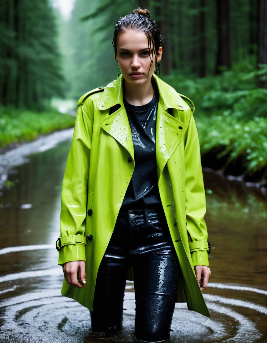 professional photo of young woman, in soaking wet, drenched clothes, wet clothes stuck to body, detailed textures of the wet clothes, wet face, wet plastered hair, wet skin, damp fabric, wearing a water-drenched neon green oversize t-shirt, a saturated black leather jacket, and a black trench coat, skin tight black leather jeans, saturated, black leather ankle boots, soaked and glistening, streaming raindrops, fabric transparency, high-contrast water cling, water dripping from hem, lying in a river in a snow covered forest, heavy rain, storm aftermath atmosphere, cinematic lighting, close up, sharp focus, photorealistic, ultra-detailed fabric texture, realistic colors, RAW photo, professionally color graded