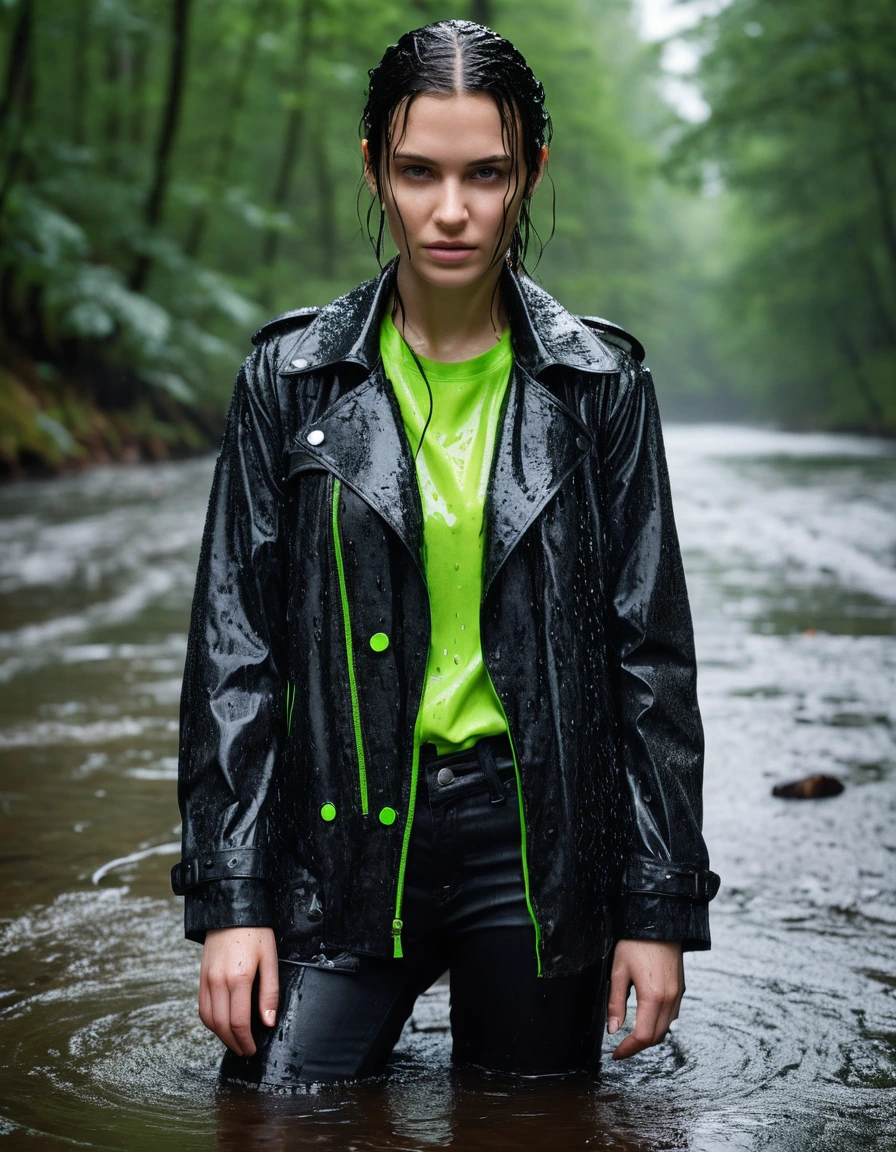 professional photo of young woman, in soaking wet, drenched clothes, wet clothes stuck to body, detailed textures of the wet clothes, wet face, wet plastered hair, wet, drenched, wet skin, damp fabric, water-drenched neon green oversize t-shirt, black leather jacket, saturated, black trench coat, skin tight black leather jeans, saturated, black leather ankle boots, soaked and glistening, lying in a river in a snow covered forest, heavy rain, storm aftermath atmosphere, streaming raindrops, fabric transparency, high-contrast water cling, water dripping from hem, cinematic lighting, close up, sharp focus, photorealistic, ultra-detailed fabric texture, realistic colors, RAW photo, professionally color graded