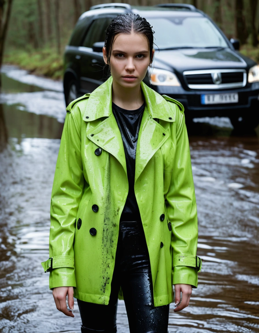 professional photo of young woman, in soaking wet, drenched clothes, wet clothes stuck to body, detailed textures of the wet clothes, wet face, wet plastered hair, wet skin, damp fabric, wearing a water-drenched neon green oversize t-shirt, black leather jacket, saturated, black trench coat, skin tight black leather jeans, saturated, black leather ankle boots, soaked and glistening, lying in a river in a snow covered forest, heavy rain, streaming raindrops, fabric transparency, high-contrast water cling, water dripping from hem, storm aftermath atmosphere, cinematic lighting, close up, sharp focus, photorealistic, ultra-detailed fabric texture, realistic colors, RAW photo, professionally color graded