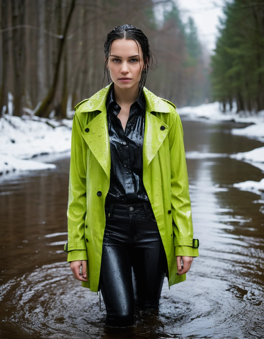 professional photo of young woman, in soaking wet, drenched clothes, wet clothes stuck to body, detailed textures of the wet clothes, wet face, wet plastered hair, wet skin, damp fabric, wearing a water-drenched neon green oversize t-shirt, black leather jacket, saturated, black trench coat, skin tight black leather jeans, saturated, black leather ankle boots, soaked and glistening, lying in a river in a snow covered forest, heavy rain, storm aftermath atmosphere, streaming raindrops, fabric transparency, high-contrast water cling, water dripping from hem, cinematic lighting, sharp focus, photorealistic, ultra-detailed fabric texture, realistic colors, RAW photo, professionally color graded