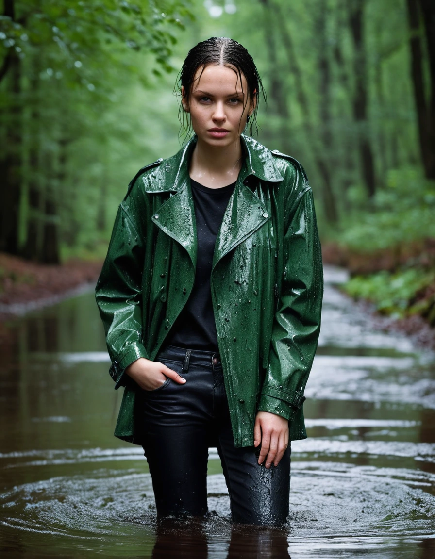 professional photo of young woman, in soaking wet, drenched clothes, wet clothes stuck to body, detailed textures of the wet clothes, wet face, wet plastered hair, wet skin, damp fabric, water-drenched neon green oversize t-shirt, black leather jacket, black trench coat, skin tight black leather jeans, saturated, black leather ankle boots, soaked and glistening, lying in a river in a snow covered forest, streaming raindrops, fabric transparency, high-contrast water cling, heavy rain, storm aftermath atmosphere, water dripping from hem, cinematic lighting, close up, sharp focus, photorealistic, ultra-detailed fabric texture, realistic colors, RAW photo, professionally color graded