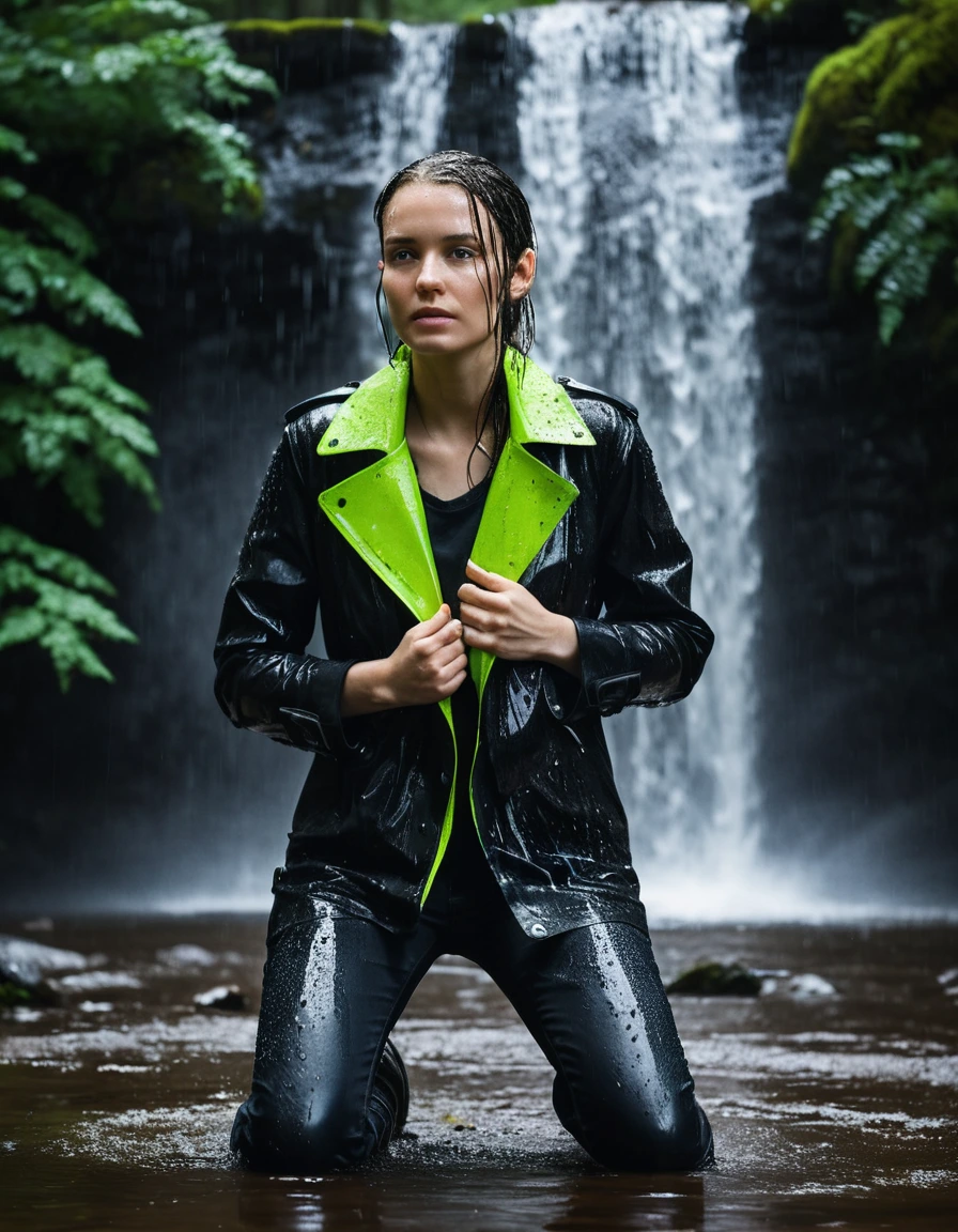 professional photo of young woman, in soaking wet, drenched clothes, wet clothes stuck to body, detailed textures of the wet clothes, wet face, wet plastered hair, wet skin, damp fabric, streaming raindrops, fabric transparency, high-contrast water cling, water dripping from hem, wearing a water-drenched neon green oversize t-shirt, black leather jacket, black trench coat, skin tight black leather jeans, saturated, black leather ankle boots, soaked and glistening, standing under a waterfall in a forest, heavy rain, water pouring over the model, storm aftermath atmosphere, cinematic lighting, sharp focus, photorealistic, ultra-detailed fabric texture, realistic colors, RAW photo, professionally color graded