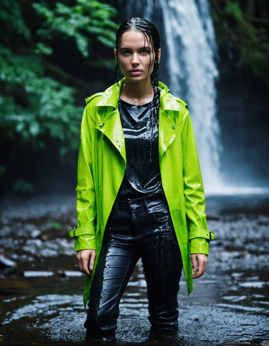 professional photo of young woman, in soaking wet, drenched clothes, wet clothes stuck to body, detailed textures of the wet clothes, wet face, wet plastered hair, wet skin, damp fabric, water dripping from hem, fabric transparency, high-contrast water cling, wearing a water-drenched neon green oversize t-shirt, black leather jacket, black trench coat, skin tight black leather jeans, saturated, black leather ankle boots, soaked and glistening, standing in a waterfall in a forest, water pouring over, heavy rain, storm aftermath atmosphere, cinematic lighting, sharp focus, photorealistic, ultra-detailed fabric texture, realistic colors, RAW photo, professionally color graded
