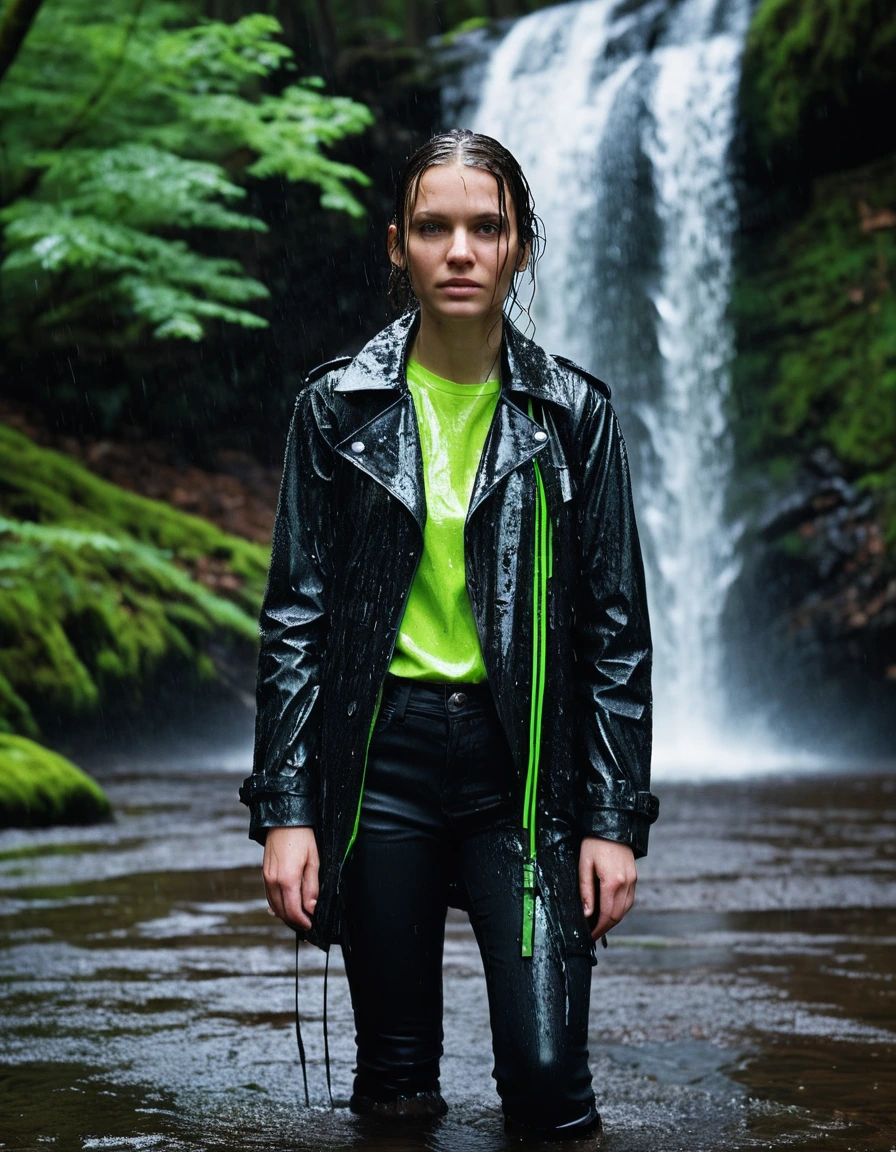professional photo of young woman in soaking wet, drenched clothes, wet clothes stuck to body, detailed textures of the wet clothes, wet face, wet plastered hair, wet skin, damp fabric, water-drenched neon green oversize t-shirt, black leather jacket, saturated, black trench coat, skin tight black leather jeans, saturated, black leather ankle boots, soaked and glistening, fabric transparency, high-contrast water cling, water dripping from hem, standing under a waterfall in a forest, heavy rain, drenched, streaming raindrops, water pouring over the model, storm aftermath atmosphere, cinematic lighting, close up, sharp focus, photorealistic, ultra-detailed fabric texture, realistic colors, RAW photo, professionally color graded