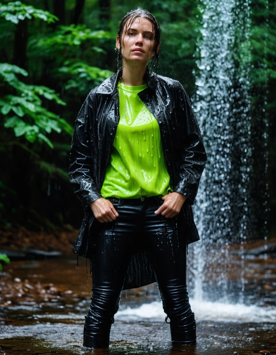 professional photo of young woman, in soaking wet, drenched clothes, wet clothes stuck to body, detailed textures of the wet clothes, wet face, wet plastered hair, wet, drenched, wet skin, damp fabric, streaming raindrops, fabric transparency, high-contrast water cling, water dripping from hem, wearing a water-drenched neon green oversize t-shirt, black leather jacket, saturated, black trench coat, skin tight black leather jeans, saturated, black leather ankle boots, soaked and glistening, standing under a waterfall in a forest, heavy rain, water pouring over the model, cinematic lighting, storm aftermath atmosphere, sharp focus, photorealistic, ultra-detailed fabric texture, realistic colors, RAW photo, professionally color graded