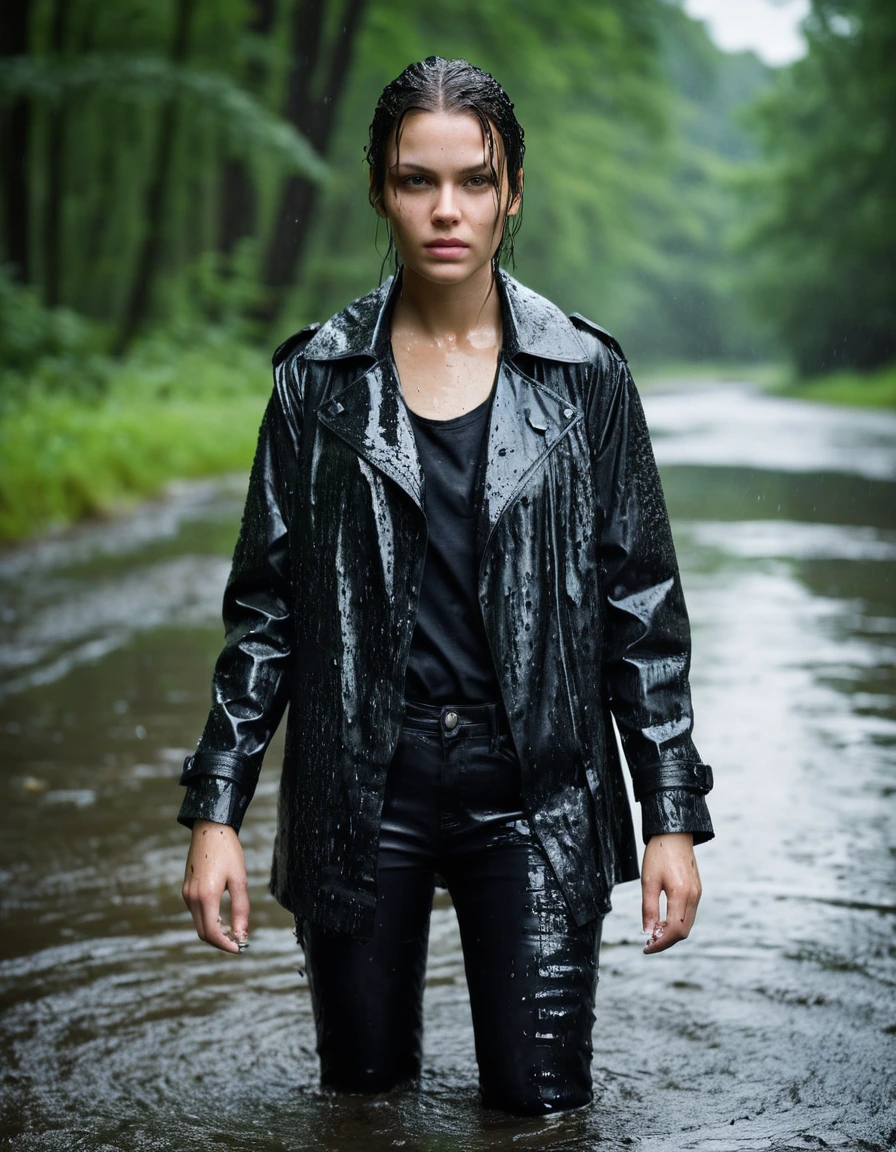 professional photo of young woman, in soaking wet, drenched clothes, wet clothes stuck to body, detailed textures of the wet clothes, wet face, wet plastered hair, wet skin, damp fabric, wearing a water-drenched neon green oversize t-shirt, black leather jacket, and black trench coat, skin tight black leather jeans, saturated, black leather ankle boots, soaked and glistening, standing in a river in a forest, heavy rain, streaming raindrops, fabric transparency, high-contrast water cling, water dripping from hem, storm aftermath atmosphere, cinematic lighting, sharp focus, photorealistic, ultra-detailed fabric texture, realistic colors, RAW photo, professionally color graded