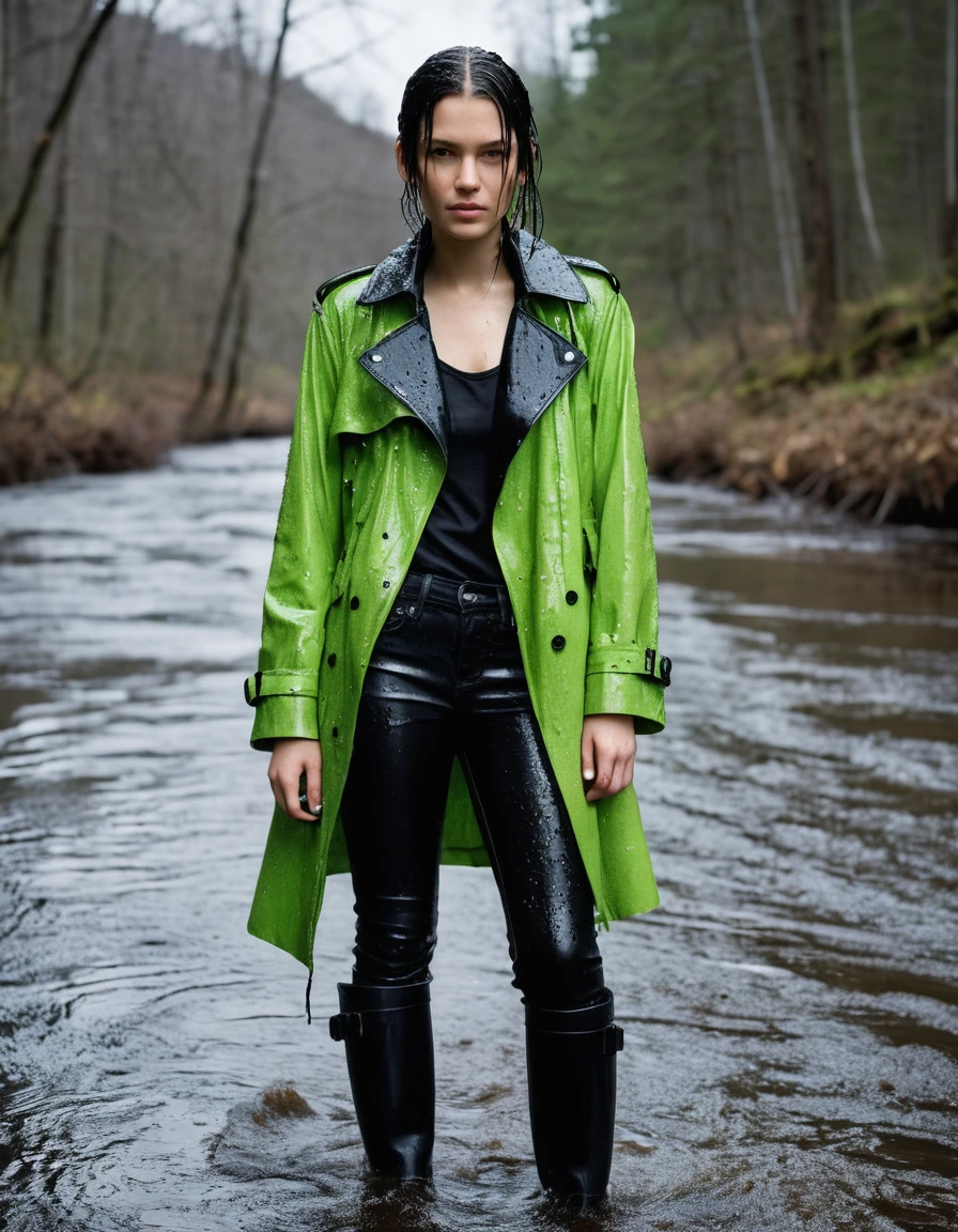 professional photo of young woman, in soaking wet, drenched clothes, wet clothes stuck to body, detailed textures of the wet clothes, wet face, wet plastered hair, wet, drenched, wet skin, damp fabric, water-drenched neon green oversize t-shirt, saturated black leather jacket, saturated black trench coat, skin tight black leather jeans, saturated, black leather ankle boots, soaked and glistening, lying in a river in a snow covered forest, heavy rain, streaming raindrops, fabric transparency, high-contrast water cling, water dripping from hem, storm aftermath atmosphere, cinematic lighting, full body view, detailed fabric texture, sharp focus, photorealistic, ultra-detailed fabric texture, realistic colors, RAW photo, professionally color graded