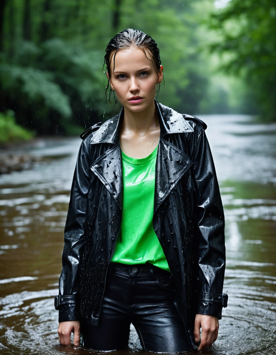 professional photo of young woman, in soaking wet, drenched clothes, wet clothes stuck to body, detailed textures of the wet clothes, wet face, wet plastered hair, wet, drenched, wet skin, damp fabric, water-drenched neon green oversize t-shirt, black leather jacket, saturated, black trench coat, skin tight black leather jeans, saturated, black leather ankle boots, soaked and glistening, streaming raindrops, fabric transparency, high-contrast water cling, water dripping from hem, standing in a river in a forest, heavy rain, storm aftermath atmosphere, cinematic lighting, sharp focus, photorealistic, ultra-detailed fabric texture, realistic colors, RAW photo, professionally color graded
