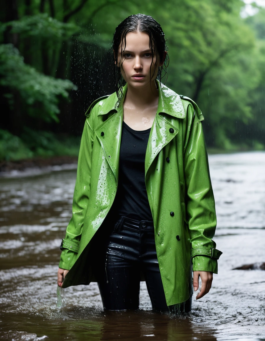 professional photo of young woman, in soaking wet, drenched clothes, wet clothes stuck to body, detailed textures of the wet clothes, wet face, wet plastered hair, wet, drenched, wet skin, damp fabric, water-drenched neon green oversize t-shirt, black leather jacket, saturated, black trench coat, skin tight black leather jeans, saturated, black leather ankle boots, soaked and glistening, fabric transparency, high-contrast water cling, water dripping from hem, streaming raindrops, standing in a river in a forest, heavy rain, storm aftermath atmosphere, cinematic lighting, close up, sharp focus, photorealistic, ultra-detailed fabric texture, realistic colors, RAW photo, professionally color graded