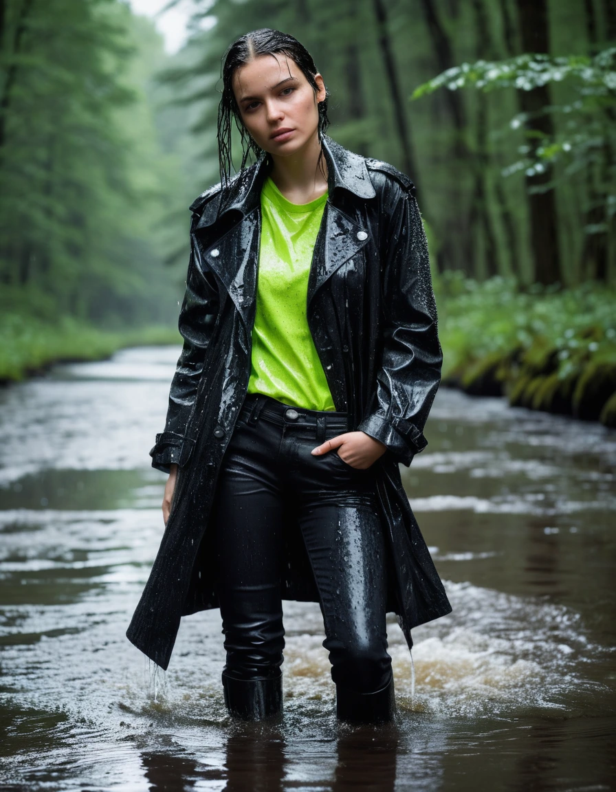 professional photo of young woman, in soaking wet, drenched clothes, wet clothes stuck to body, detailed textures of the wet clothes, wet face, wet plastered hair, wet, drenched, wet skin, damp fabric, wearing a water-drenched neon green oversize t-shirt, black leather jacket, saturated, black trench coat, skin tight black leather jeans, saturated, black leather ankle boots, soaked and glistening, lying in a river in a snow covered forest, heavy rain, streaming raindrops, fabric transparency, high-contrast water cling, water dripping from hem, storm aftermath atmosphere, cinematic lighting, close up, sharp focus, photorealistic, ultra-detailed fabric texture, realistic colors, RAW photo, professionally color graded