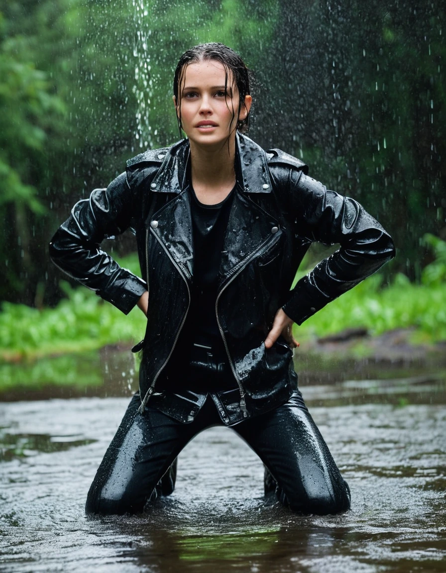 professional photo of young woman, in soaking wet, drenched clothes, wet clothes stuck to body, detailed textures of the wet clothes, wet face, wet plastered hair, wet, drenched, wet skin, damp fabric, streaming raindrops, fabric transparency, high-contrast water cling, water dripping from hem, black leather ankle boots, soaked and glistening, skin tight black leather jeans, saturated, water-drenched neon green oversize t-shirt, black leather jacket, saturated, black trench coat, standing under a waterfall in a forest, heavy rain, drenched, water pouring over the model, cinematic lighting, storm aftermath atmosphere, close up, sharp focus, photorealistic, ultra-detailed fabric texture, realistic colors, RAW photo, professionally color graded