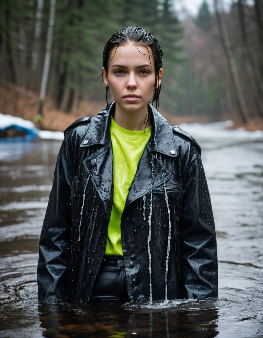 professional photo of young woman, in soaking wet, drenched clothes, wet clothes stuck to body, detailed textures of the wet clothes, wet face, wet plastered hair, wet skin, damp fabric, water-drenched neon green oversize t-shirt, saturated black leather jacket, saturated black trench coat, skin tight black leather jeans, saturated, black leather ankle boots, soaked and glistening, streaming raindrops, fabric transparency, high-contrast water cling, water dripping from hem, lying in a river in a snow covered forest, heavy rain, storm aftermath atmosphere, cinematic lighting, close up, sharp focus, photorealistic, ultra-detailed fabric texture, realistic colors, RAW photo, professionally color graded