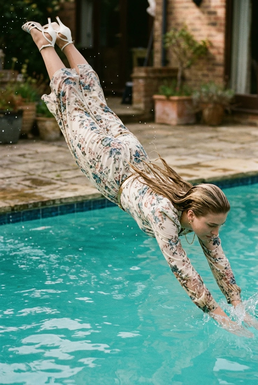 Create a realistic cinematic photograph of a young adult European woman with wet long blonde hair, diving headfirst into a pool. She is wearing a floor-length floral dress with buttons up the front, long sleeves, nude stockings, and strappy white high heels, accessorized with a gold belt, gold necklace, and gold earrings. The dress, stockings, and fabric are all soaking wet, visibly darkened, covered with realistic water droplets, and heavy with moisture from the water. Her skin is wet, and the entire scene captures her mid-dive into the pool. The image is a portrait-oriented photographic composition with natural colors and balanced lighting.