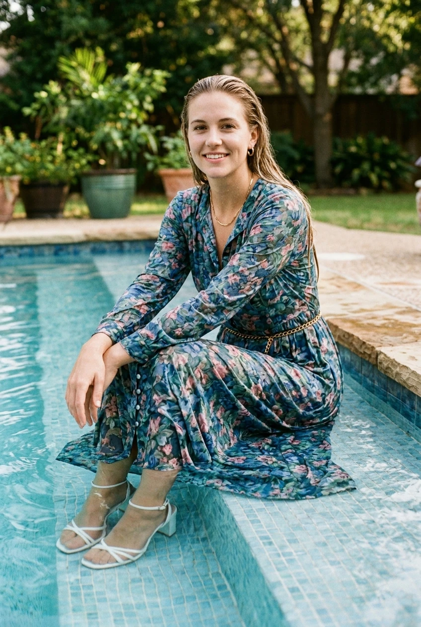 Create a realistic cinematic photograph of a young adult European woman with long blonde hair, sitting in a pool. She is wearing a floor-length floral dress with buttons up the front, long sleeves, nude stockings, and strappy white high heels. She is also wearing a gold belt, gold necklace, and gold earrings. Her hair, skin, and clothing are soaking wet from the water. The floral dress is fully saturated, visibly darkened, covered with realistic water droplets, and heavy with moisture, while remaining opaque and fully covering. She has a natural smile. The image is a portrait-oriented, photorealistic lifestyle photograph with natural, balanced lighting.