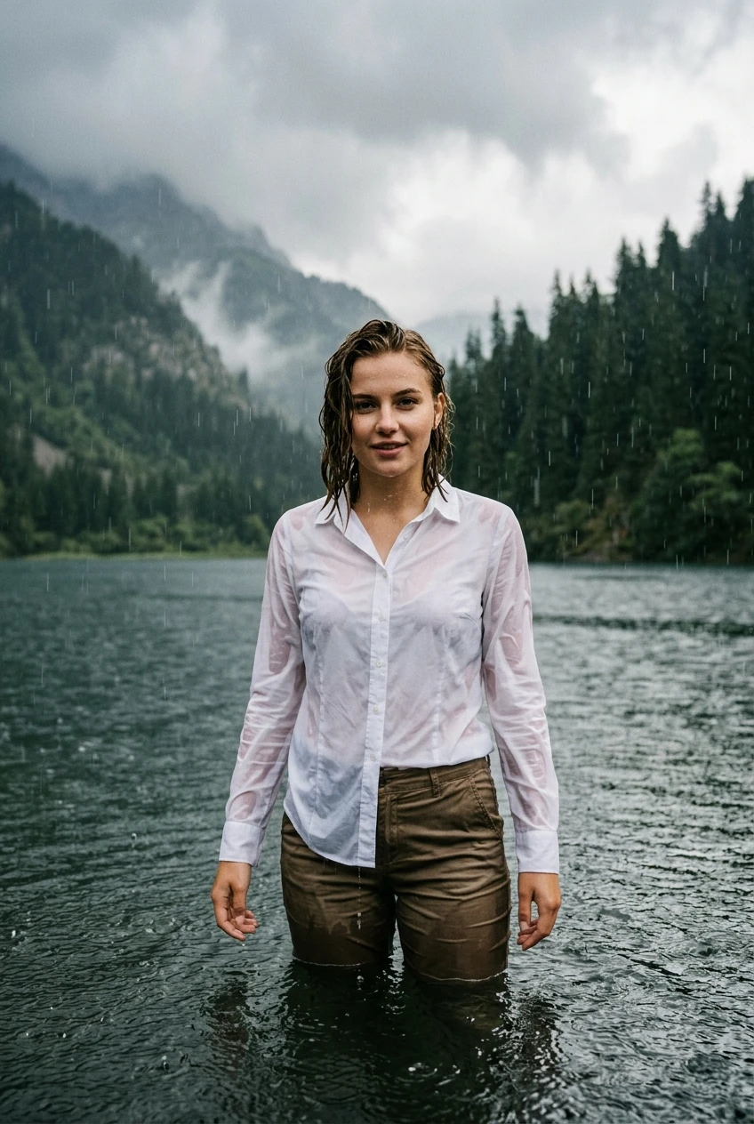 Create a realistic cinematic photograph of a young adult European woman, 20 years old, with blonde hair styled in a side parting, standing breast-deep in a clear mountain lake during a heavy rainstorm. She is wearing a white long-sleeve button-down business shirt and beige long business trousers, both of which are completely soaked, saturated with water, visibly darkened, covered in realistic droplets, and heavy with moisture while remaining fully opaque and covering. The woman looks confidently into the camera, her skin and hair drenched by the heavy rain. The scene is captured in a 2:3 portrait-oriented composition with natural lighting, emphasizing the textures of the wet fabric and the intensity of the rain.
