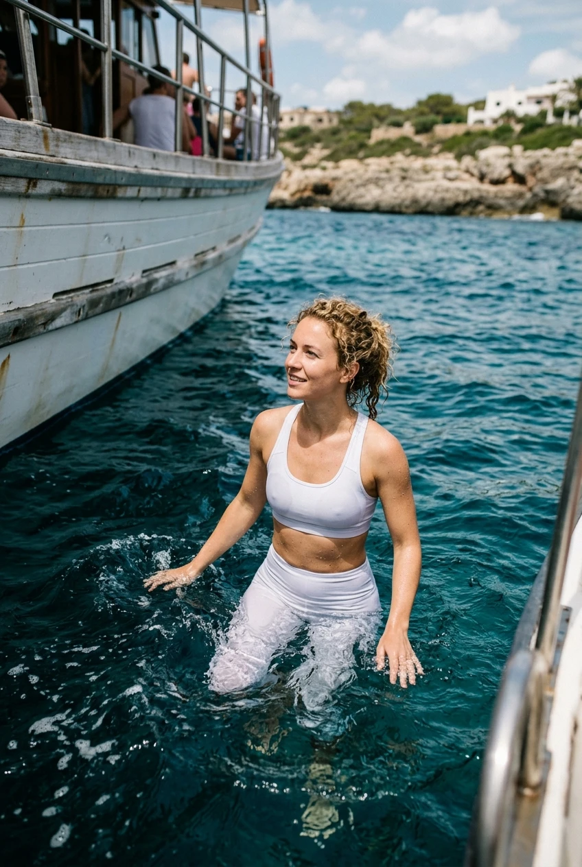 Create a realistic cinematic photograph of a young adult European woman with curly blond hair, captured from a high-angle camera view looking down from a tour boat. She is in the water below the boat, with only her upper body visible. She is wearing a white sports bra and white 3/4 leggings, both of which are soaking wet, visibly darkened, covered with realistic water droplets, and heavy with moisture while remaining opaque and fully covering. Her hands are floating near the surface of the water, and her skin is wet. The image is in a 2:3 portrait orientation, rendered in a photorealistic lifestyle photography style with natural color and balanced exposure.