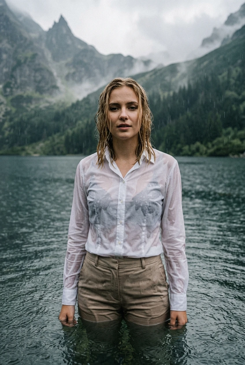 Create a realistic cinematic photograph of a young adult European woman, 20 years old, with blonde hair styled in a side parting, standing breast-deep in a clear mountain lake during a heavy rainstorm. She is wearing a white long-sleeve button-down business shirt and beige long business trousers, both of which are completely soaked, saturated with water, visibly darkened, covered in realistic droplets, and heavy with moisture while remaining opaque and fully covering. Her skin and hair are drenched from the heavy rain. She looks confidently into the camera. The scene is captured in a 2:3 portrait-oriented composition with natural lighting, focusing on the realistic texture of the wet fabric and the surrounding rain.
