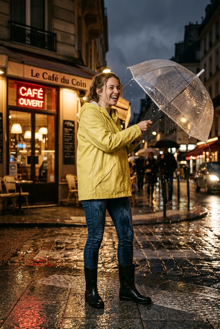Create a realistic cinematic photograph of a young adult European woman with natural European features, standing in front of an outdoor cafe at night. She is shaking off a dripping clear umbrella while laughing. She is wearing an oversized lemon yellow hooded raincoat that is visibly saturated with water, darkened, and covered in transparent moisture droplets. Underneath, she wears fitted dark indigo denim jeans that are heavy with moisture and cling to her legs, paired with glossy black rubber rain boots. The scene is captured from a low-angle medium-wide perspective, with glowing neon store signs reflecting on the wet pavement. The lighting is cinematic with a soft diffused street glow, highlighting the texture of the damp, rain-soaked fabric of her clothing and the water puddles on the ground. The composition is portrait-oriented, 2:3, with rich, natural colors and clear detail.