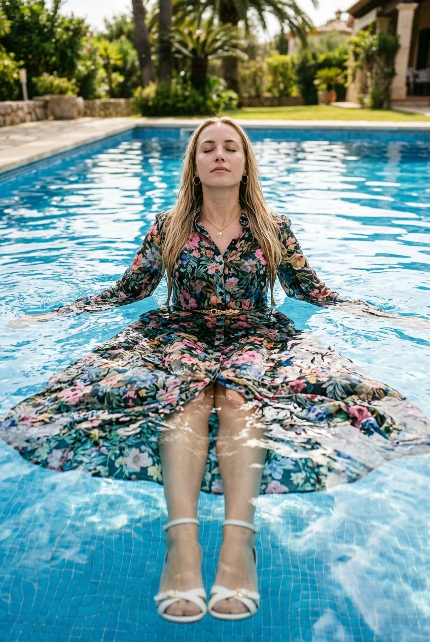 Create a realistic cinematic photograph of a young adult European woman with long blonde hair, floating in a swimming pool. She is wearing a floor-length floral dress with buttons up the front and long sleeves, a gold belt, a gold necklace, and gold earrings. The dress is soaking wet, saturated with water, visibly darkened, and heavy with moisture, clinging to her form while remaining opaque. She is also wearing nude stockings and strappy white high heels, both thoroughly soaked and covered in water droplets. Her skin is wet, and the fabric of her clothing is damp and saturated. The image is a portrait-oriented, photorealistic lifestyle photograph with natural colors and balanced lighting.