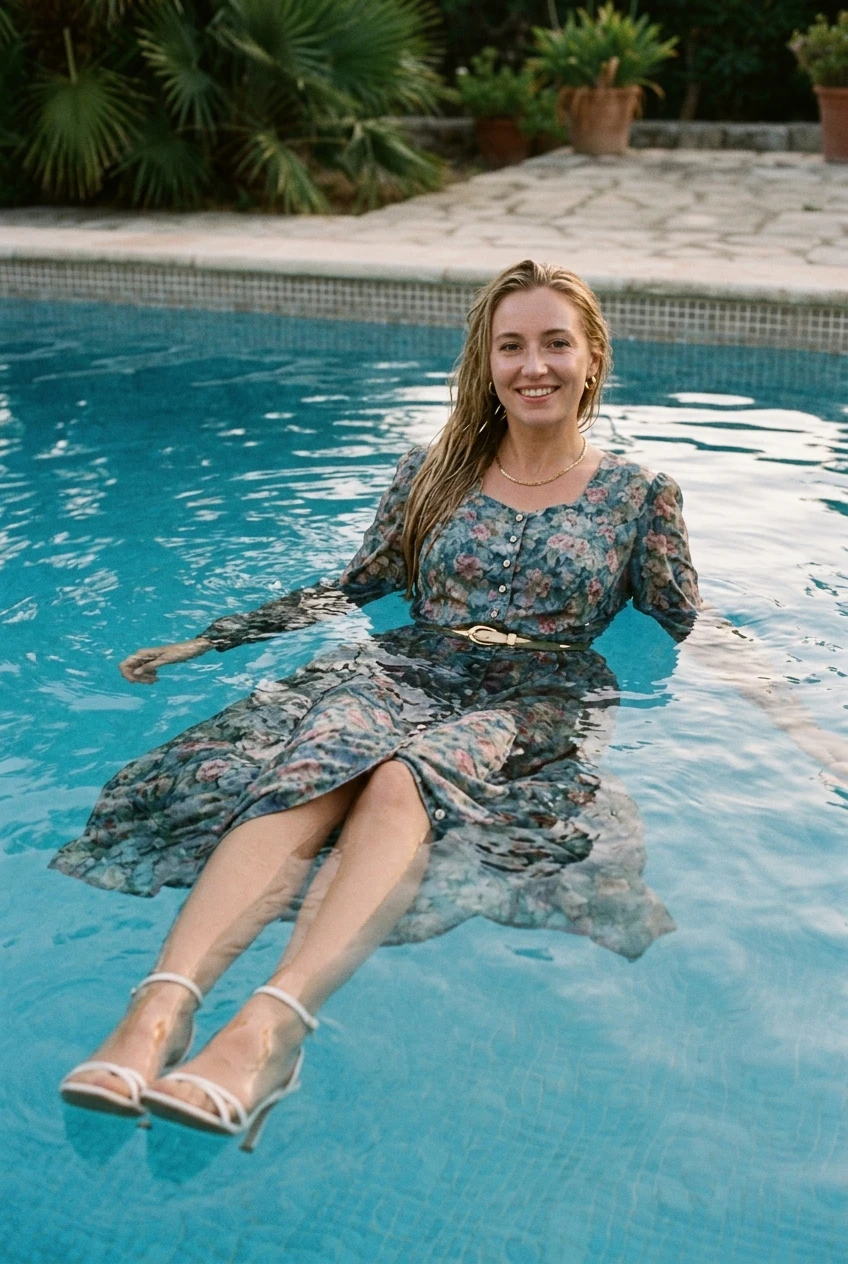 Create a realistic cinematic photograph of a young adult European woman with long blonde hair, floating prone in a swimming pool. She is wearing a floor-length floral dress with buttons up the front and long sleeves, a gold belt, nude stockings, a garter belt, and strappy white high heels. She is also wearing a gold necklace and gold earrings. Her skin and hair are wet, and the floral dress is soaking wet, saturated with water, visibly darkened, covered with realistic droplets, and heavy with moisture while remaining opaque and fully covering. She has a smile on her face. The image is a portrait-oriented photographic composition.