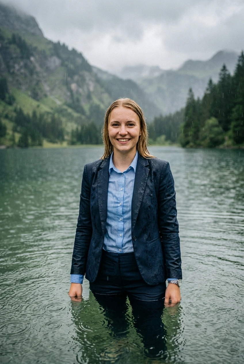 Create a realistic cinematic photograph of a young adult European woman, 20 years old with blonde hair styled in a side parting, smiling into the camera while breast-deep in a clear mountain lake during a heavy rainstorm. She is fully clothed in a dark blue business suit jacket and a light blue long-sleeved button-down business shirt, with dark blue long business trousers. The clothing is completely soaked, saturated with water, visibly darkened, covered with realistic droplets, and heavy with moisture, while her skin is wet from the rain. The scene is captured in a 2:3 portrait-oriented composition with natural, balanced lighting that highlights the texture of the drenched fabric and the rain falling around her.