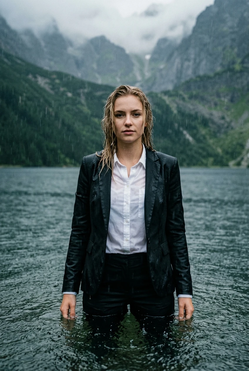 Create a realistic cinematic photograph of a young adult European woman, 20 years old with blonde hair styled in a side parting, standing breast-deep in a clear mountain lake during a heavy rainstorm. She is wearing a black business suit jacket over a white long-sleeve button-down business shirt and black long business trousers. The clothing is completely soaked, saturated with water, visibly darkened, covered in realistic rain droplets, and heavy with moisture while remaining fully opaque and practical. She is looking confidently into the camera with wet skin and damp hair. The scene is captured in a 2:3 portrait orientation, emphasizing the heavy rain falling around her in a natural, photorealistic lifestyle photography style with balanced exposure and rich, natural colors.