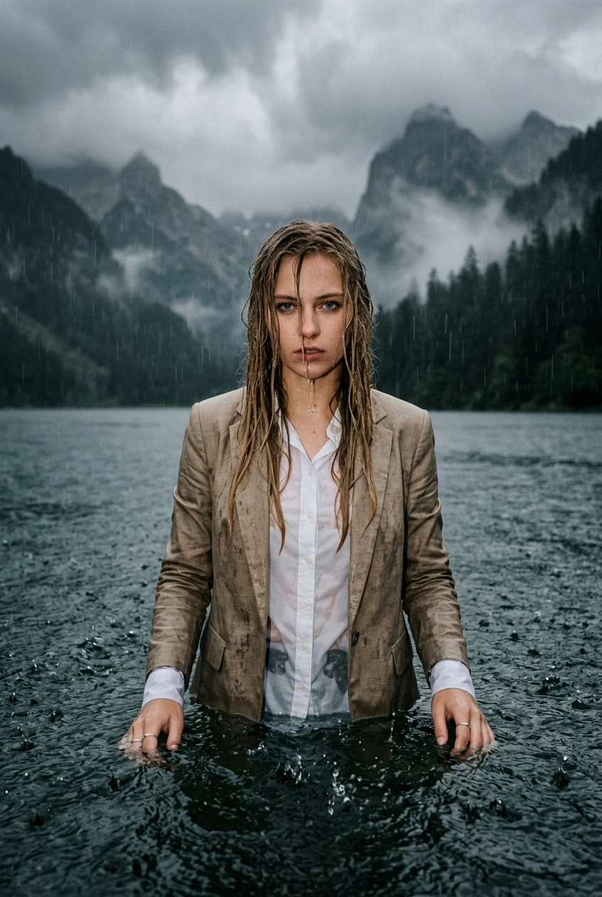 Create a realistic cinematic photograph of a young adult European woman, a 20-year-old with long blonde hair styled in a side parting, standing breast-deep in a clear mountain lake during a heavy rainstorm. She is wearing a beige business suit jacket over a white long-sleeved button-down business shirt and beige long business trousers. The clothing is completely soaked, saturated with water, visibly darkened, covered in realistic droplets, and heavy with moisture while remaining fully opaque and covering. She is looking confidently into the camera with wet skin, captured in a portrait-oriented frame as rain falls heavily around her.