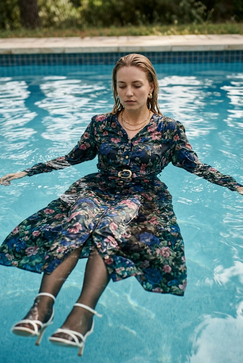 Create a realistic cinematic photograph of a young adult European woman with long blonde hair, floating prone in a swimming pool. She is wearing a floor-length floral dress with buttons up the front and long sleeves, nude stockings, a garter belt, and strappy white high heels, all of which are soaking wet, saturated with water, visibly darkened, covered with realistic droplets, and heavy with moisture. She is wearing a gold belt, gold necklace, and gold earrings. Her skin and the fabric of her clothing are visibly wet, with the dress maintaining its opaque shape and full coverage. The image is a portrait-oriented photographic composition with natural color and balanced exposure.