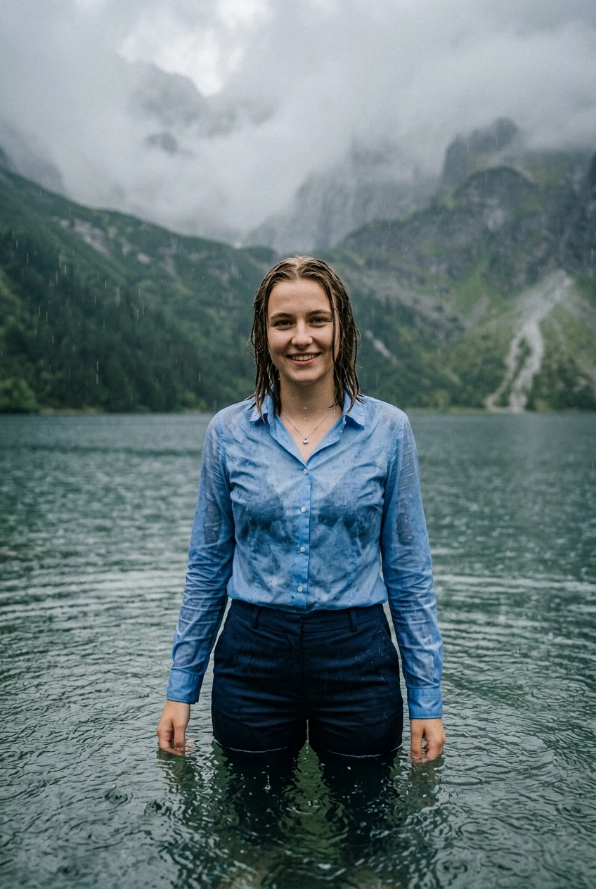 Create a realistic cinematic photograph of a young adult European woman, 20 years old, with blonde hair styled in a side parting, smiling into the camera. She is breast-deep in a clear mountain lake during a heavy rainstorm. She is fully clothed in a light blue long-sleeved button-down business shirt and dark blue long business trousers. The clothing is completely soaked, saturated with water, visibly darkened, covered with realistic droplets, and heavy with moisture, while remaining fully opaque and covering. Her skin is wet from the rain, and she is captured in a portrait-oriented 2:3 composition with natural lighting.