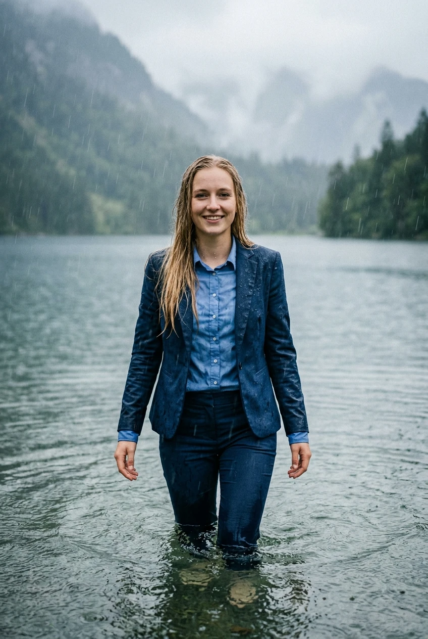 Create a realistic cinematic photograph of a young adult European woman, a 20-year-old beautiful blonde with long hair in a side parting, smiling into the camera while breast-deep in a clear mountain lake during a heavy rainstorm. She is fully clothed in a dark blue business suit jacket, a light blue long-sleeved button-down business shirt, and dark blue long business trousers. All garments are completely soaked, saturated with water, visibly darkened, covered with realistic droplets, and heavy with moisture, while her skin is wet from the rain. The scene is captured in a 2:3 portrait orientation with natural lighting, focusing on the realistic texture of the drenched fabric and the heavy rain falling around her.
