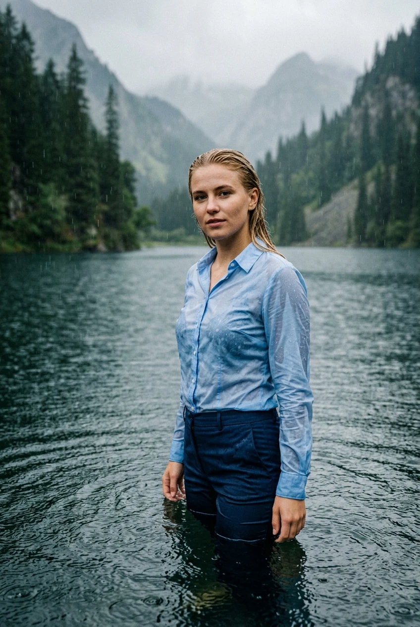 Create a realistic cinematic photograph of a young adult European woman, 20 years old with blonde hair styled in a side parting, standing breast-deep in a clear mountain lake during a heavy rainstorm. She is wearing a light blue long-sleeved button-down business shirt and dark blue long business trousers, both of which are completely soaked, saturated with water, visibly darkened, and covered with realistic droplets, appearing heavy with moisture while remaining fully opaque and covering. The woman looks confidently into the camera, her skin and hair drenched from the heavy rain. The scene is captured in a 2:3 portrait orientation, emphasizing the natural, wet texture of the clothing and the intensity of the downpour in the mountain setting.