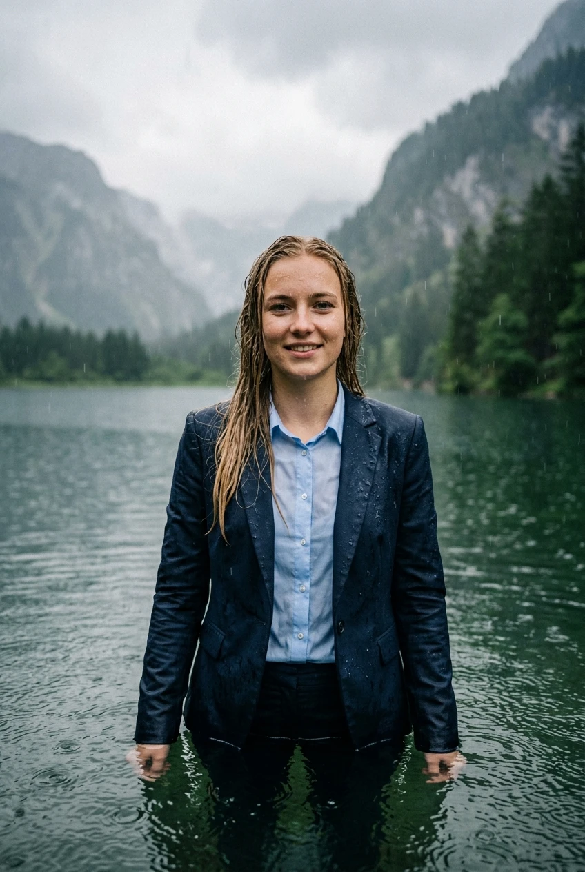 Create a realistic cinematic photograph of a young adult European woman, 20 years old, beautiful with long blonde hair in a side parting, smiling into the camera. She is breast-deep in a clear mountain lake during a heavy rainstorm. She is fully clothed in a dark blue business suit jacket and a light blue long-sleeve button-down business shirt, with dark blue long business trousers. All garments are completely soaked, saturated with water, visibly darkened, covered with realistic droplets, and heavy with moisture, clinging naturally to her frame while remaining fully opaque and covering. Her skin is wet from the heavy rain, which is falling intensely around her. The image is a portrait-oriented, photorealistic lifestyle photograph with natural, balanced lighting.