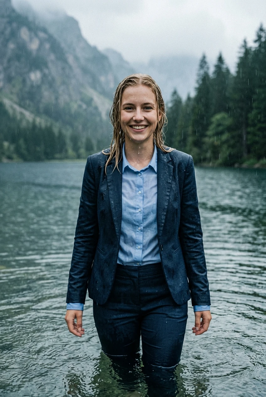 Create a realistic cinematic photograph of a young adult European woman, a 20-year-old beautiful blonde with a side parting, smiling into the camera while breast-deep in a clear mountain lake during a heavy rainstorm. She is fully clothed in a dark blue business suit jacket, a light blue long-sleeved button-down business shirt, and dark blue long business trousers. All garments are completely soaked, saturated with water, visibly darkened, covered in realistic rain droplets, and heavy with moisture while remaining fully opaque and covering. Her skin is wet from the heavy rain, and her long hair is drenched. The scene is captured in a 2:3 portrait orientation with natural, balanced lighting that highlights the texture of the damp fabric and the surrounding heavy rain.
