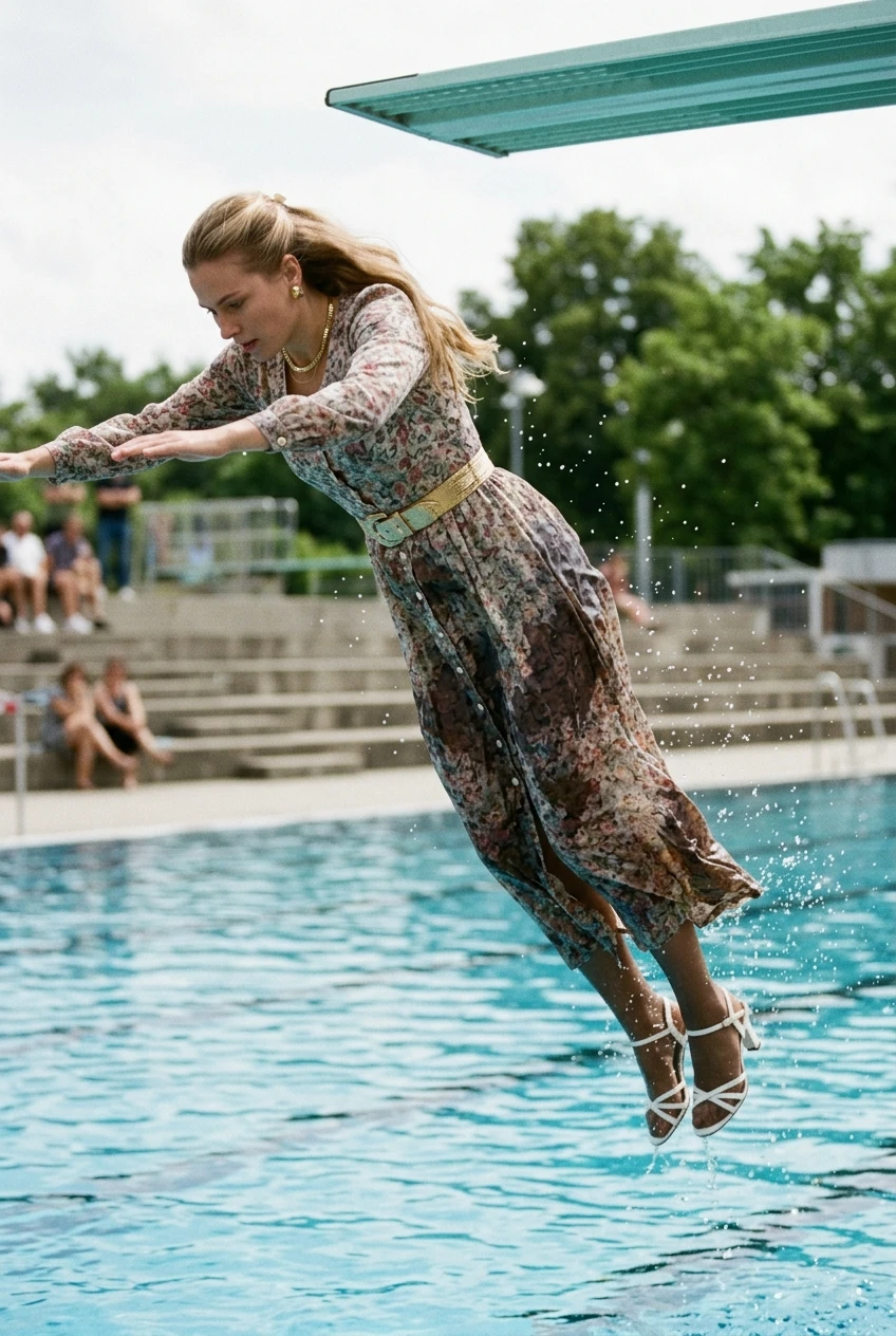 Create a realistic cinematic photograph of a young adult European woman with long blonde hair, diving headfirst off a diving board into a pool. She is wearing a floor-length floral dress with buttons up the front, long sleeves, nude stockings, a garter belt, and strappy white high heels, accessorized with a gold belt, gold necklace, and gold earrings. The dress, stockings, and all clothing items are completely soaking wet, visibly darkened, saturated with water, and heavy with moisture, with droplets clinging to the fabric and her skin. The scene captures her mid-dive, with her wet hair and wet clothing clearly visible in a portrait-oriented composition.