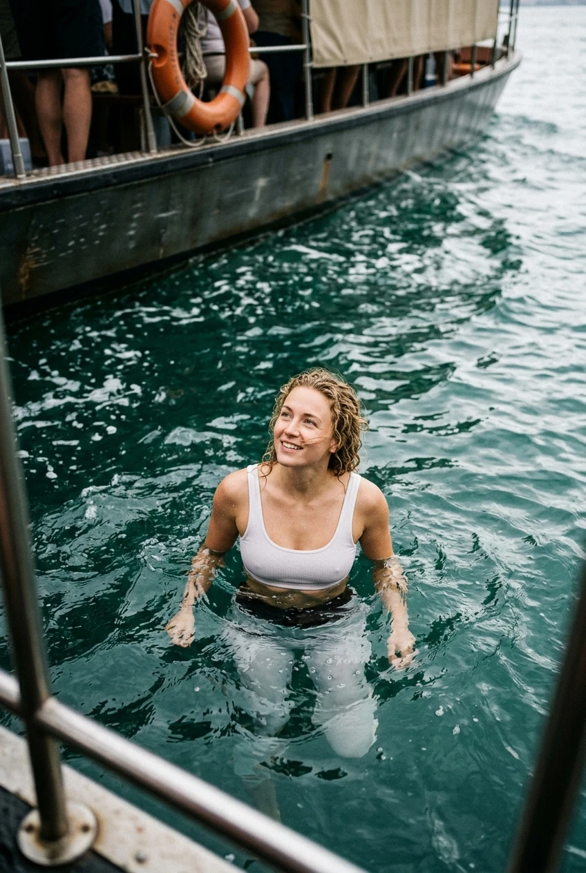 Create a realistic cinematic photograph of a young adult European woman with curly blonde hair, captured from a high-angle camera view looking down from a tour boat. She is in the water below the boat, with only her head and shoulders visible above the surface. She is wearing a white sports bra and white 3/4 leggings that are completely saturated with water, visibly darkened, covered in realistic droplets, and heavy with moisture, while remaining fully opaque and practical. Her skin is wet, and her hair is damp and clinging to her face. The scene is captured in a 2:3 portrait orientation with natural, balanced lighting.