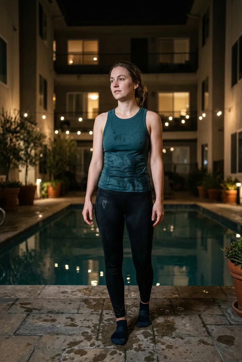 Create a realistic cinematic photograph of a young adult European woman with natural European features, standing in a dimly lit apartment courtyard at night by a pool. She is wearing a sleeveless tank top, leggings, and socks, all of which are soaking wet from ordinary water; the white fabric is visibly saturated, darkened, covered in realistic droplets, and heavy with moisture while remaining fully opaque and covering. Her skin is damp, and the wet fabric clings naturally to her form. The scene is captured in a 2:3 portrait orientation with rich, natural colors, balanced exposure, and softly lifted shadows, rendered in a photorealistic lifestyle photography style.