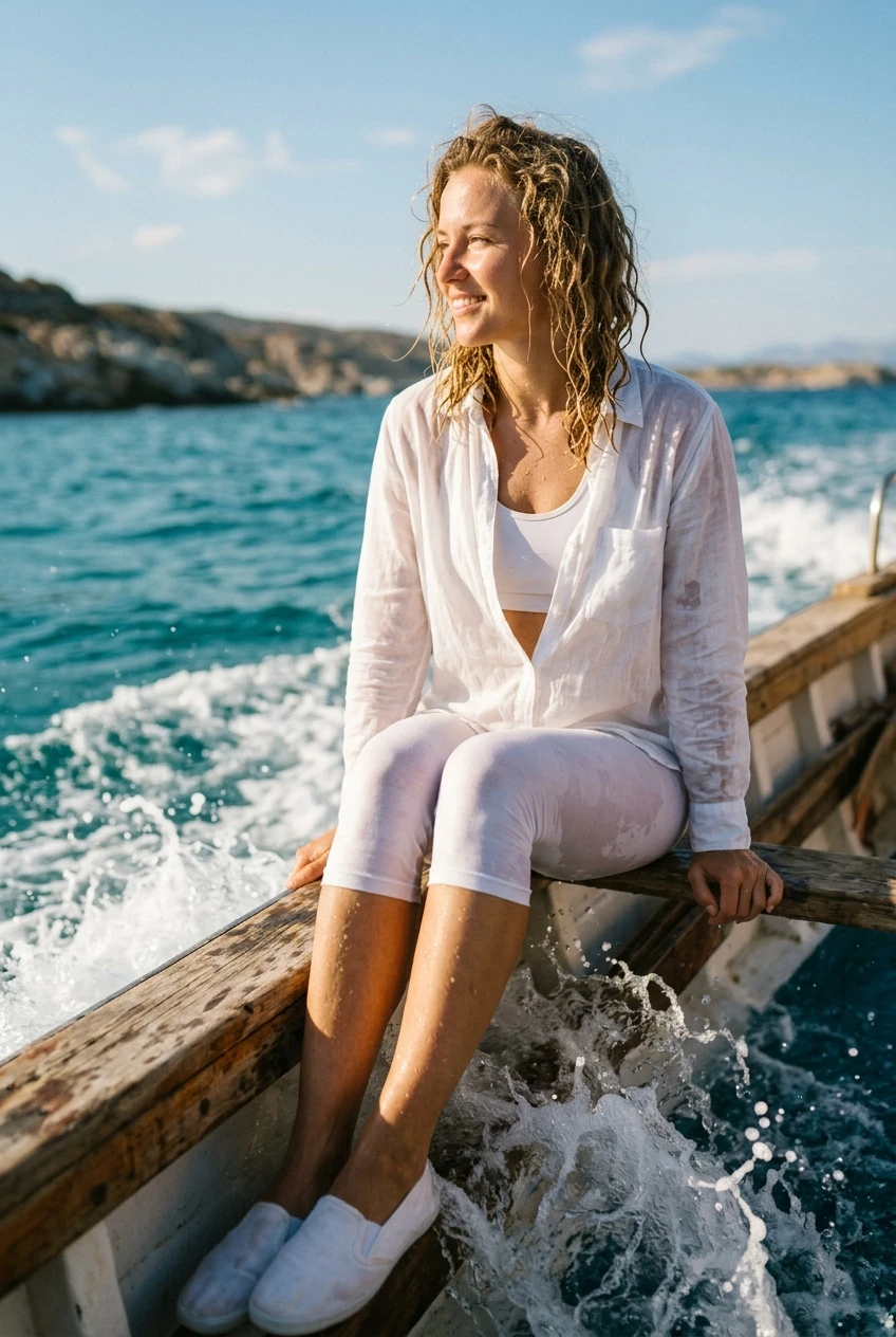 Create a realistic cinematic photograph of a young adult European woman with curly blonde hair, sitting at the edge of a boat during a boat ride under a hot sun. She is wearing a white sports bra under a white long-sleeve linen shirt, white 3/4 leggings, and white flats. The clothing is completely soaking wet, saturated with water, visibly darkened, covered in realistic droplets, and heavy with moisture while remaining fully opaque and covering. Waves are splashing around her, leaving her skin wet and her clothes damp. The image is captured in a 2:3 portrait orientation with a photorealistic lifestyle photography style, featuring natural colors and balanced, bright lighting.