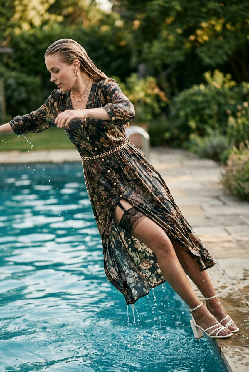 Create a realistic cinematic photograph of a young adult European woman with long blonde hair, diving into a pool. She is wearing a floor-length floral dress with buttons up the front, long sleeves, nude stockings, a garter belt, and strappy white high heels. She is also wearing a gold belt, gold necklace, and gold earrings. The dress, stockings, and all clothing items are soaking wet, visibly darkened, covered with realistic water droplets, and heavy with moisture from the water, while remaining fully opaque and covering. Her skin and hair are also wet. The image is a portrait-oriented photographic composition.