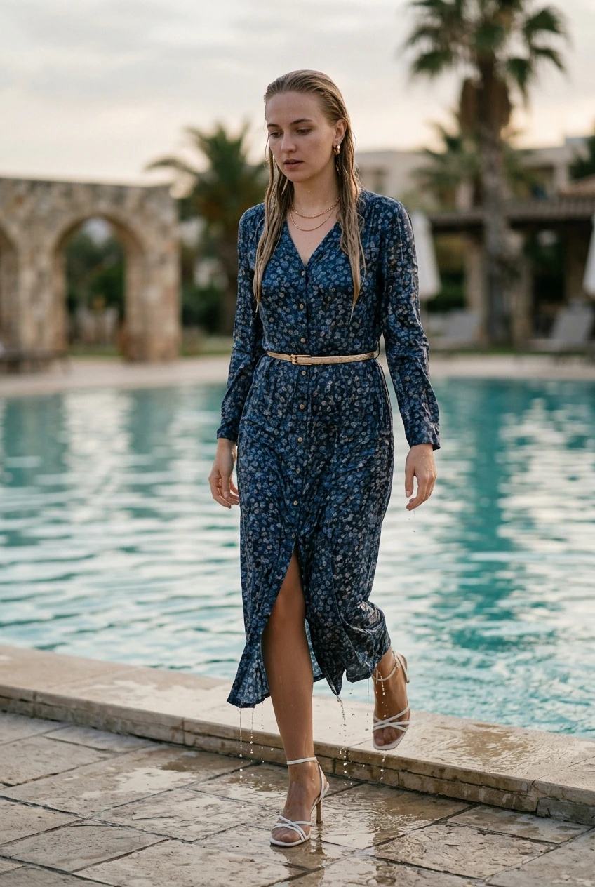 Create a realistic cinematic photograph of a young adult European woman with long blonde hair, walking out of a swimming pool. She is wearing a floor-length floral dress with buttons up the front, long sleeves, nude stockings, and strappy white high heels, accessorized with a gold belt, gold necklace, and gold earrings. The dress, stockings, and fabric are all soaking wet, visibly darkened, saturated with water, covered with realistic droplets, and heavy with moisture while remaining fully opaque and covering. Her skin is wet, and the overall scene is captured in a portrait-oriented photographic style with natural color and balanced exposure.