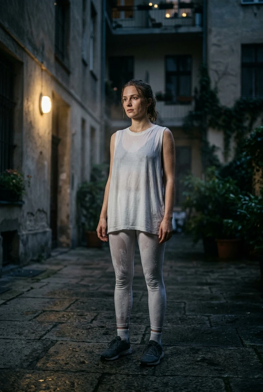 Create a realistic cinematic photograph of a young adult European woman with natural European features, standing in a dimly lit apartment courtyard at night. She is wearing an oversized white sleeveless tank top and white leggings, both of which are soaking wet from water, visibly darkened, covered with realistic droplets, and heavy with moisture while retaining their full opaque coverage. She is also wearing sneakers. Her skin appears damp with water droplets. The image is a portrait-oriented photographic composition with natural color, balanced exposure, and visible detail in the shadows.