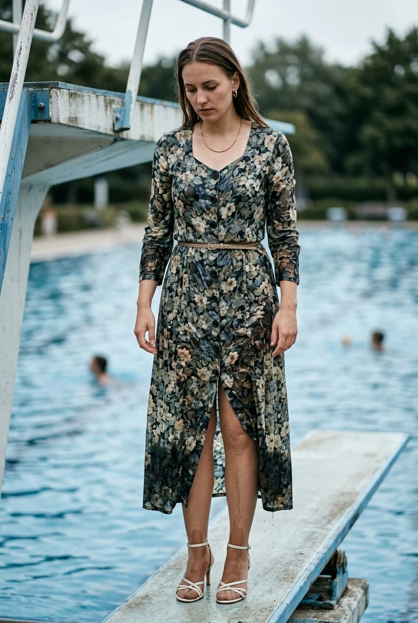 Create a realistic cinematic photograph of a young adult European woman with long blonde hair standing on a diving board at a pool. She is wearing a floor-length floral dress with buttons up the front, long sleeves, nude stockings, and strappy white high heels, accessorized with a gold belt, gold necklace, and gold earrings. The dress, stockings, and fabric are all soaking wet, visibly saturated with water, darkened, and heavy with moisture, with realistic water droplets on the fabric and her skin. The scene is captured in a portrait-oriented 2:3 composition with natural, balanced lighting.
