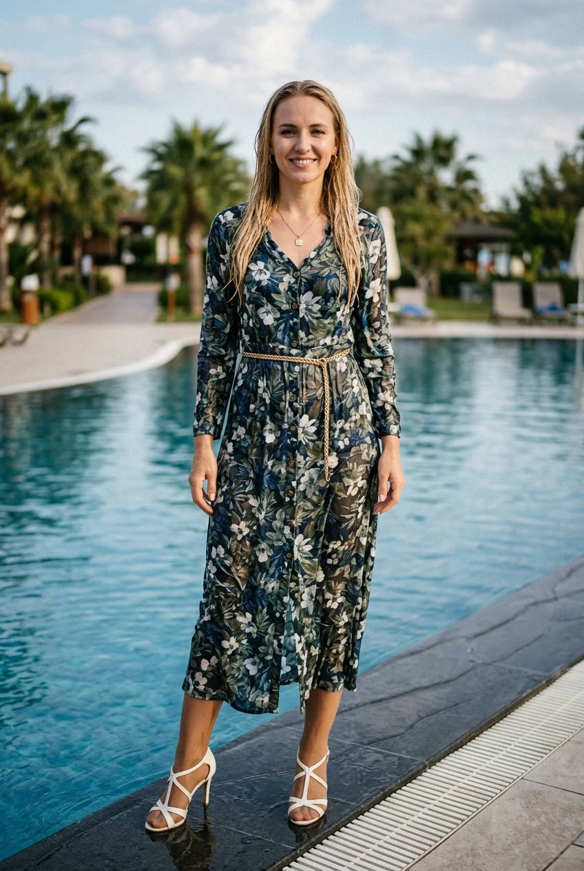 Create a realistic cinematic photograph of a young adult European woman with long blonde hair standing on the edge of a pool. She is wearing a floor-length floral dress with buttons up the front, long sleeves, nude stockings, and strappy white high heels. She is accessorized with a gold belt, gold necklace, and gold earrings, and she has a smile on her face. Her skin and her clothing are soaking wet from water; the dress, stockings, and fabric are visibly saturated, darkened, covered in realistic water droplets, and heavy with moisture while remaining fully opaque and covering. The scene is captured in a portrait-oriented photographic composition with natural, balanced lighting.