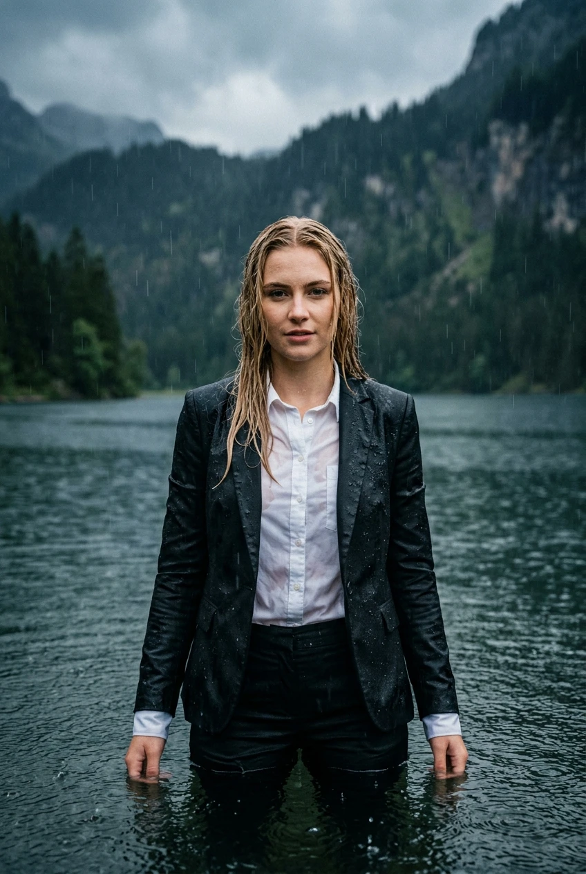 Create a realistic cinematic photograph of a young adult European woman, 20 years old with blonde hair styled in a side parting, standing breast-deep in a clear mountain lake during a heavy rainstorm. She is wearing a black business suit jacket and a white long-sleeve button-down business shirt with black long business trousers. All clothing is completely soaked, visibly darkened, saturated with water, and covered in realistic droplets, appearing heavy with moisture while remaining fully opaque and covering. The woman is looking confidently into the camera, her skin and hair wet from the downpour. The scene is captured in a 2:3 portrait orientation with natural lighting, focusing on the realistic texture of the drenched fabric and the heavy rain falling around her.